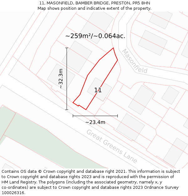 11, MASONFIELD, BAMBER BRIDGE, PRESTON, PR5 8HN: Plot and title map
