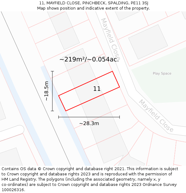 11, MAYFIELD CLOSE, PINCHBECK, SPALDING, PE11 3SJ: Plot and title map