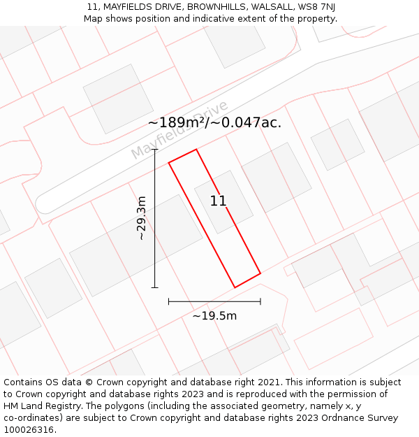 11, MAYFIELDS DRIVE, BROWNHILLS, WALSALL, WS8 7NJ: Plot and title map