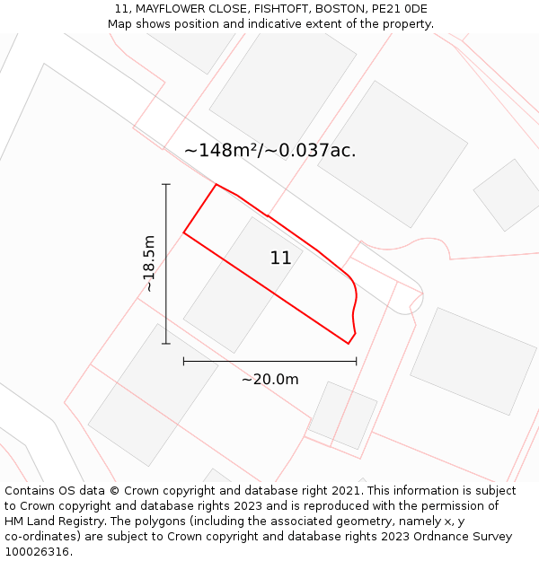 11, MAYFLOWER CLOSE, FISHTOFT, BOSTON, PE21 0DE: Plot and title map