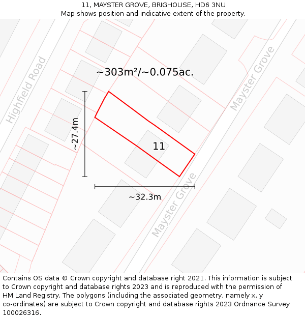 11, MAYSTER GROVE, BRIGHOUSE, HD6 3NU: Plot and title map