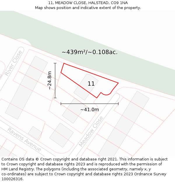 11, MEADOW CLOSE, HALSTEAD, CO9 1NA: Plot and title map