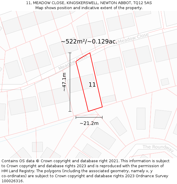 11, MEADOW CLOSE, KINGSKERSWELL, NEWTON ABBOT, TQ12 5AS: Plot and title map