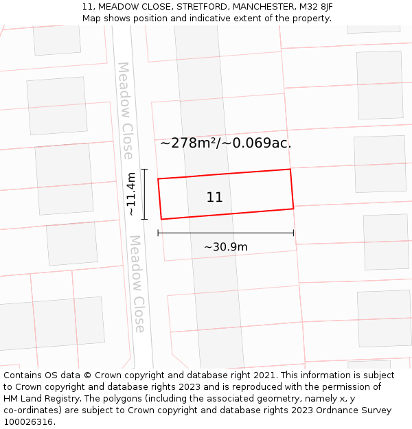 11, MEADOW CLOSE, STRETFORD, MANCHESTER, M32 8JF: Plot and title map