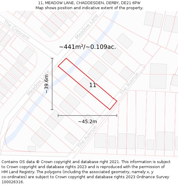 11, MEADOW LANE, CHADDESDEN, DERBY, DE21 6PW: Plot and title map