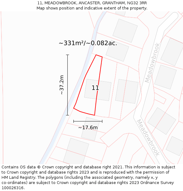11, MEADOWBROOK, ANCASTER, GRANTHAM, NG32 3RR: Plot and title map