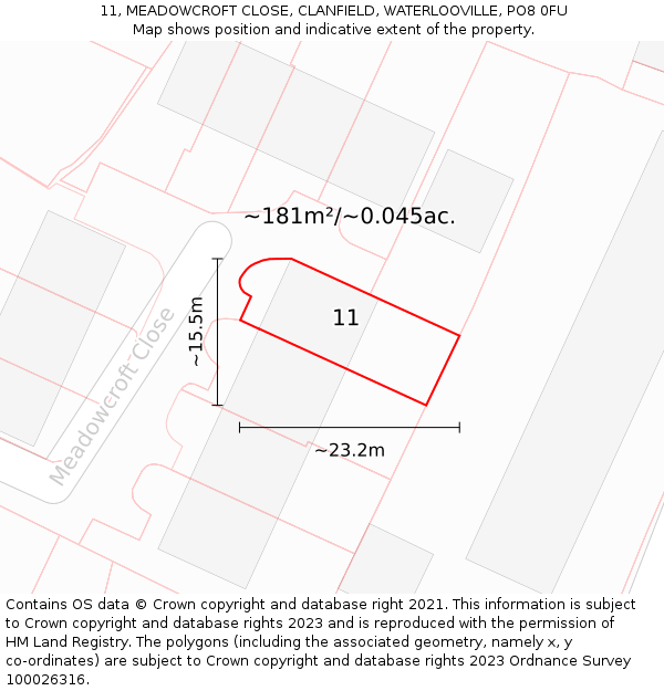 11, MEADOWCROFT CLOSE, CLANFIELD, WATERLOOVILLE, PO8 0FU: Plot and title map