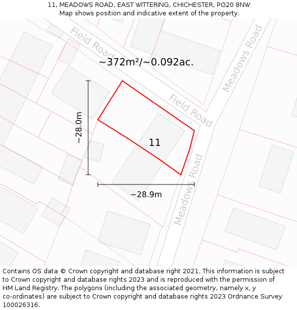 11, MEADOWS ROAD, EAST WITTERING, CHICHESTER, PO20 8NW: Plot and title map