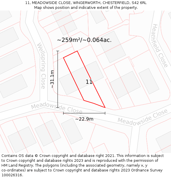 11, MEADOWSIDE CLOSE, WINGERWORTH, CHESTERFIELD, S42 6RL: Plot and title map