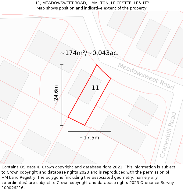 11, MEADOWSWEET ROAD, HAMILTON, LEICESTER, LE5 1TP: Plot and title map