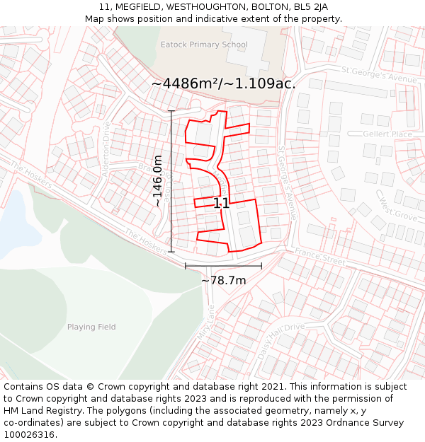 11, MEGFIELD, WESTHOUGHTON, BOLTON, BL5 2JA: Plot and title map
