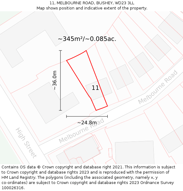 11, MELBOURNE ROAD, BUSHEY, WD23 3LL: Plot and title map