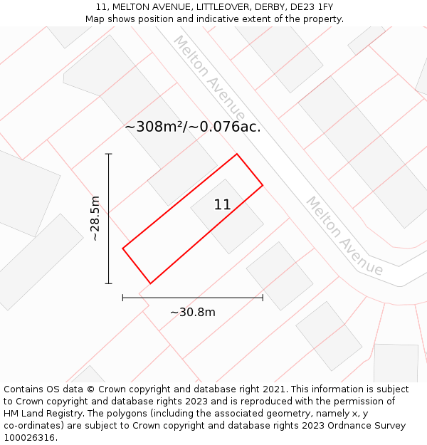 11, MELTON AVENUE, LITTLEOVER, DERBY, DE23 1FY: Plot and title map