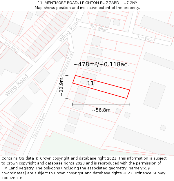11, MENTMORE ROAD, LEIGHTON BUZZARD, LU7 2NY: Plot and title map