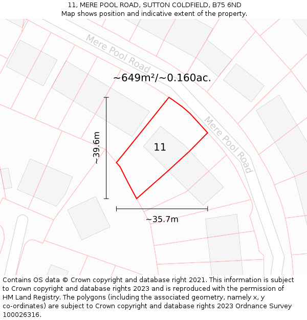 11, MERE POOL ROAD, SUTTON COLDFIELD, B75 6ND: Plot and title map
