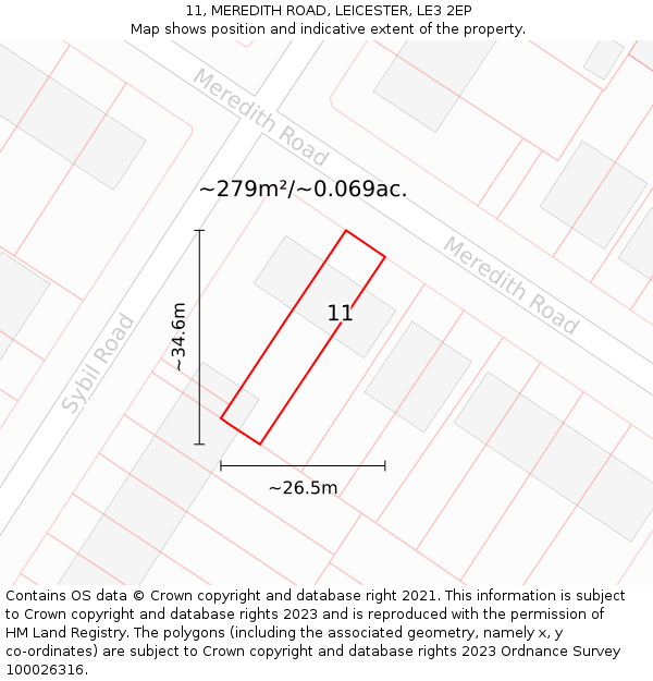 11, MEREDITH ROAD, LEICESTER, LE3 2EP: Plot and title map