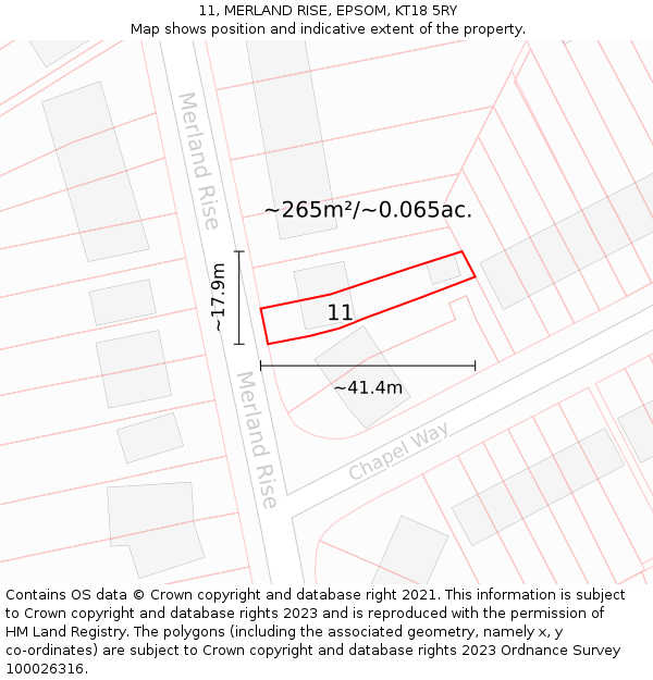 11, MERLAND RISE, EPSOM, KT18 5RY: Plot and title map
