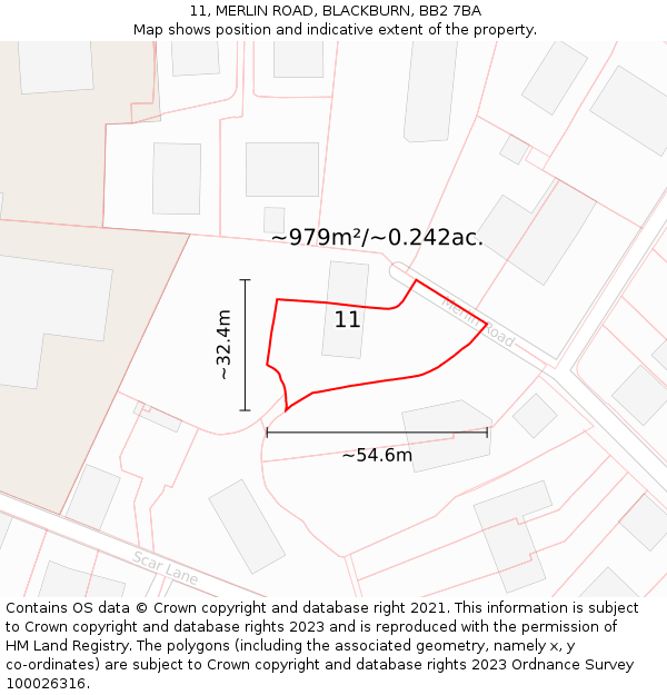 11, MERLIN ROAD, BLACKBURN, BB2 7BA: Plot and title map