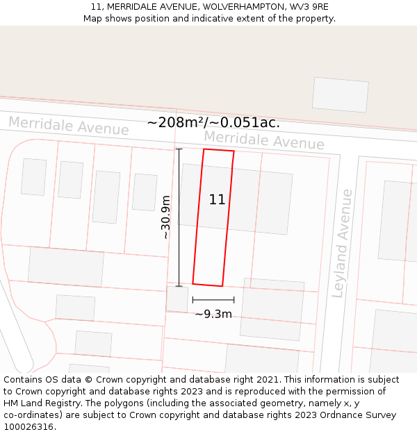 11, MERRIDALE AVENUE, WOLVERHAMPTON, WV3 9RE: Plot and title map