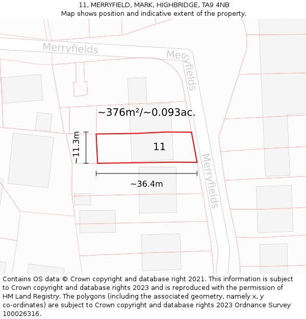 11, MERRYFIELD, MARK, HIGHBRIDGE, TA9 4NB: Plot and title map