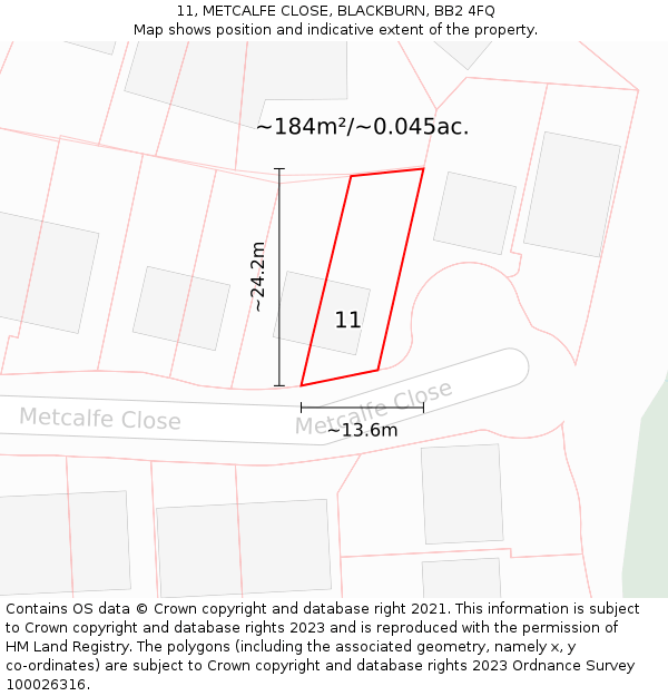 11, METCALFE CLOSE, BLACKBURN, BB2 4FQ: Plot and title map