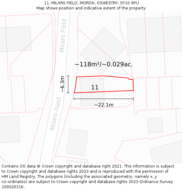 11, MILARS FIELD, MORDA, OSWESTRY, SY10 9PU: Plot and title map