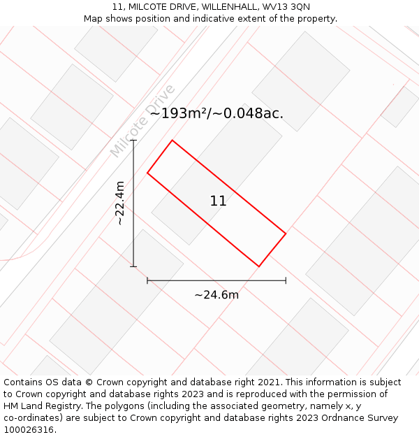 11, MILCOTE DRIVE, WILLENHALL, WV13 3QN: Plot and title map