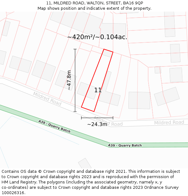 11, MILDRED ROAD, WALTON, STREET, BA16 9QP: Plot and title map