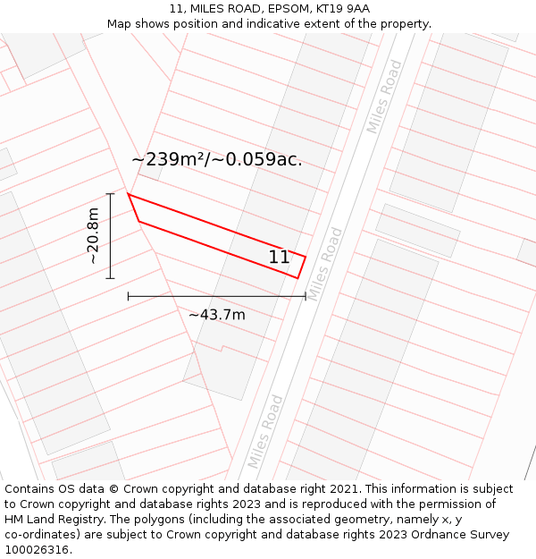 11, MILES ROAD, EPSOM, KT19 9AA: Plot and title map