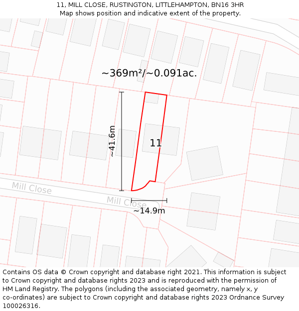 11, MILL CLOSE, RUSTINGTON, LITTLEHAMPTON, BN16 3HR: Plot and title map