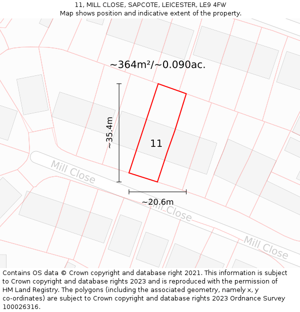 11, MILL CLOSE, SAPCOTE, LEICESTER, LE9 4FW: Plot and title map