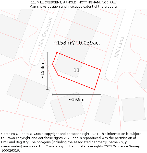 11, MILL CRESCENT, ARNOLD, NOTTINGHAM, NG5 7AW: Plot and title map