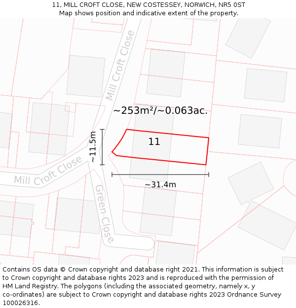 11, MILL CROFT CLOSE, NEW COSTESSEY, NORWICH, NR5 0ST: Plot and title map
