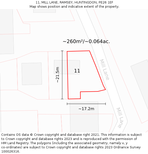 11, MILL LANE, RAMSEY, HUNTINGDON, PE26 1EF: Plot and title map