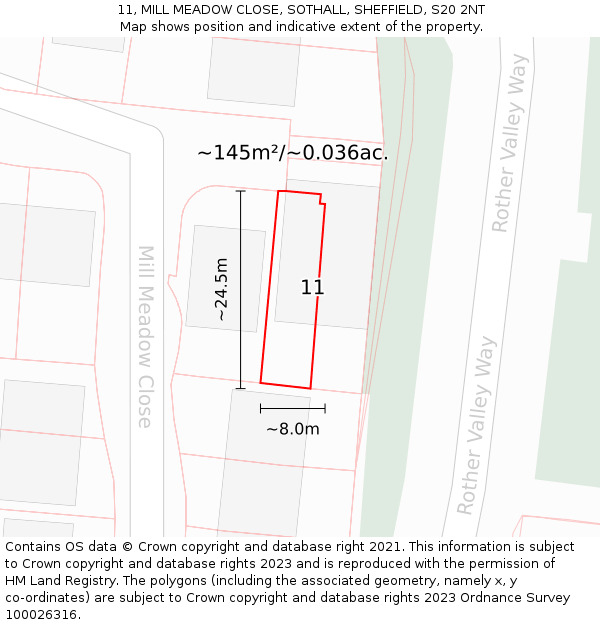 11, MILL MEADOW CLOSE, SOTHALL, SHEFFIELD, S20 2NT: Plot and title map