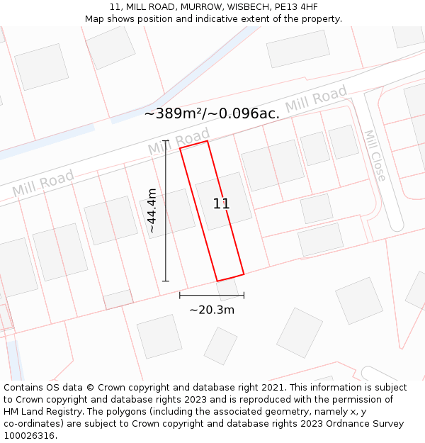 11, MILL ROAD, MURROW, WISBECH, PE13 4HF: Plot and title map
