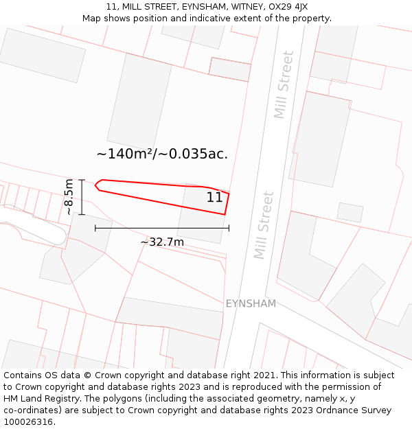 11, MILL STREET, EYNSHAM, WITNEY, OX29 4JX: Plot and title map