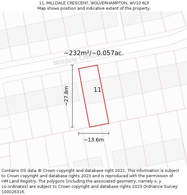11, MILLDALE CRESCENT, WOLVERHAMPTON, WV10 6LP: Plot and title map