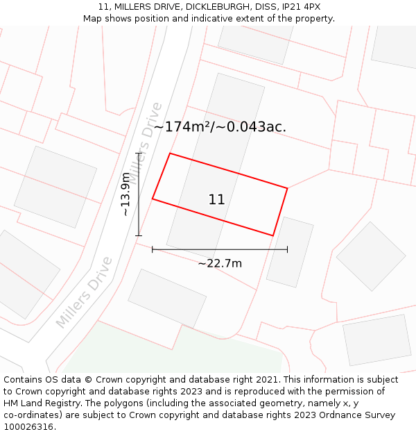 11, MILLERS DRIVE, DICKLEBURGH, DISS, IP21 4PX: Plot and title map