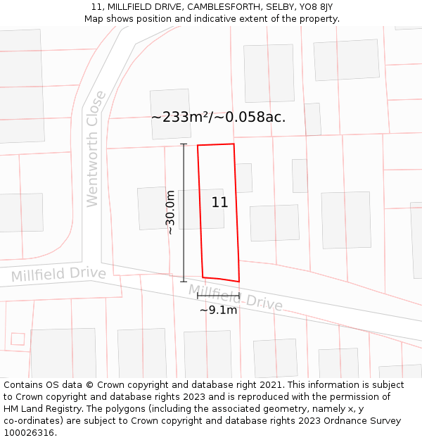 11, MILLFIELD DRIVE, CAMBLESFORTH, SELBY, YO8 8JY: Plot and title map