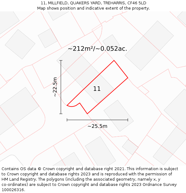 11, MILLFIELD, QUAKERS YARD, TREHARRIS, CF46 5LD: Plot and title map