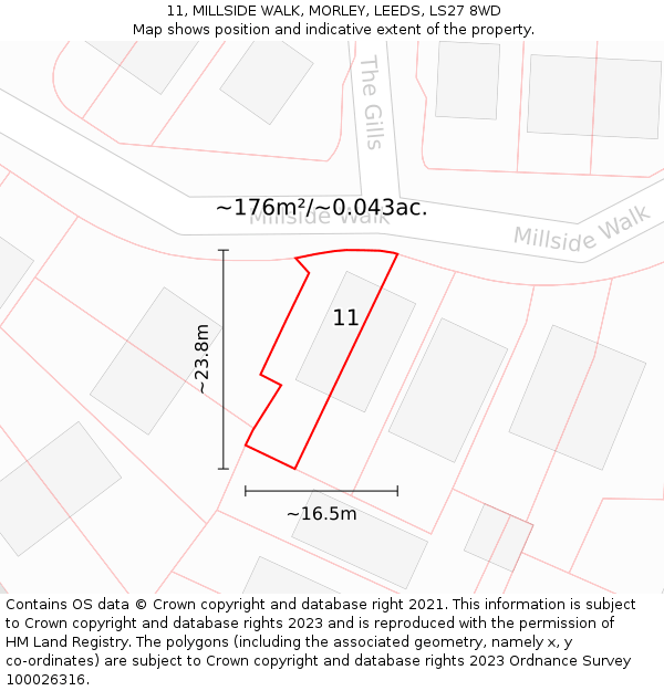 11, MILLSIDE WALK, MORLEY, LEEDS, LS27 8WD: Plot and title map