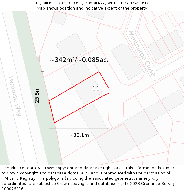 11, MILNTHORPE CLOSE, BRAMHAM, WETHERBY, LS23 6TG: Plot and title map