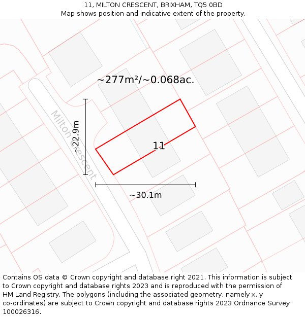 11, MILTON CRESCENT, BRIXHAM, TQ5 0BD: Plot and title map