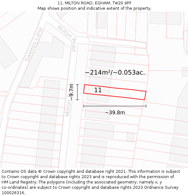 11, MILTON ROAD, EGHAM, TW20 9PF: Plot and title map