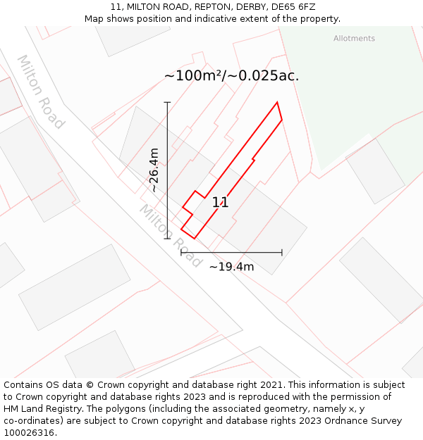 11, MILTON ROAD, REPTON, DERBY, DE65 6FZ: Plot and title map