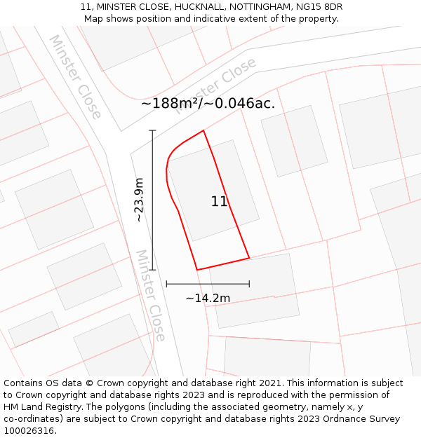 11, MINSTER CLOSE, HUCKNALL, NOTTINGHAM, NG15 8DR: Plot and title map