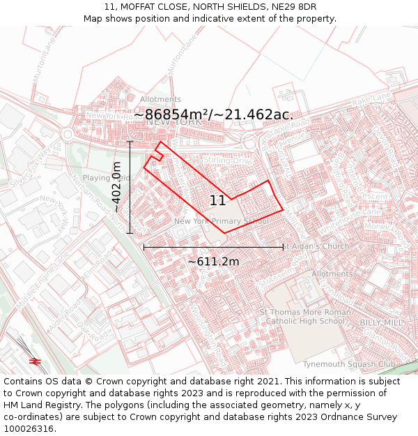 11, MOFFAT CLOSE, NORTH SHIELDS, NE29 8DR: Plot and title map