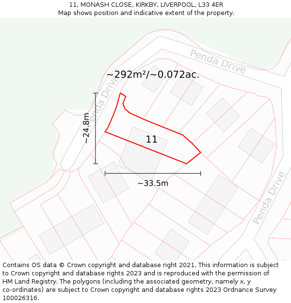 11, MONASH CLOSE, KIRKBY, LIVERPOOL, L33 4ER: Plot and title map