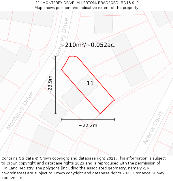 11, MONTEREY DRIVE, ALLERTON, BRADFORD, BD15 9LP: Plot and title map